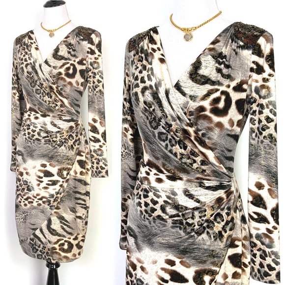 Cache Dresses & Skirts - Cache Faux Wrap Long Sleeve Beaded Shoulder Dress